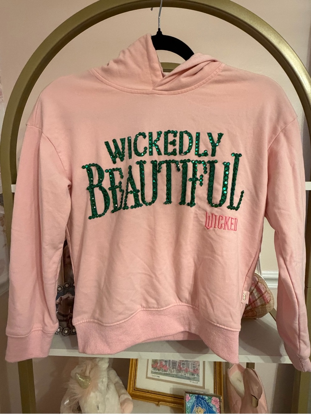 Lola + The Boys Pink Hoodie with Green Sequin 'Wickedly Beautiful' Script